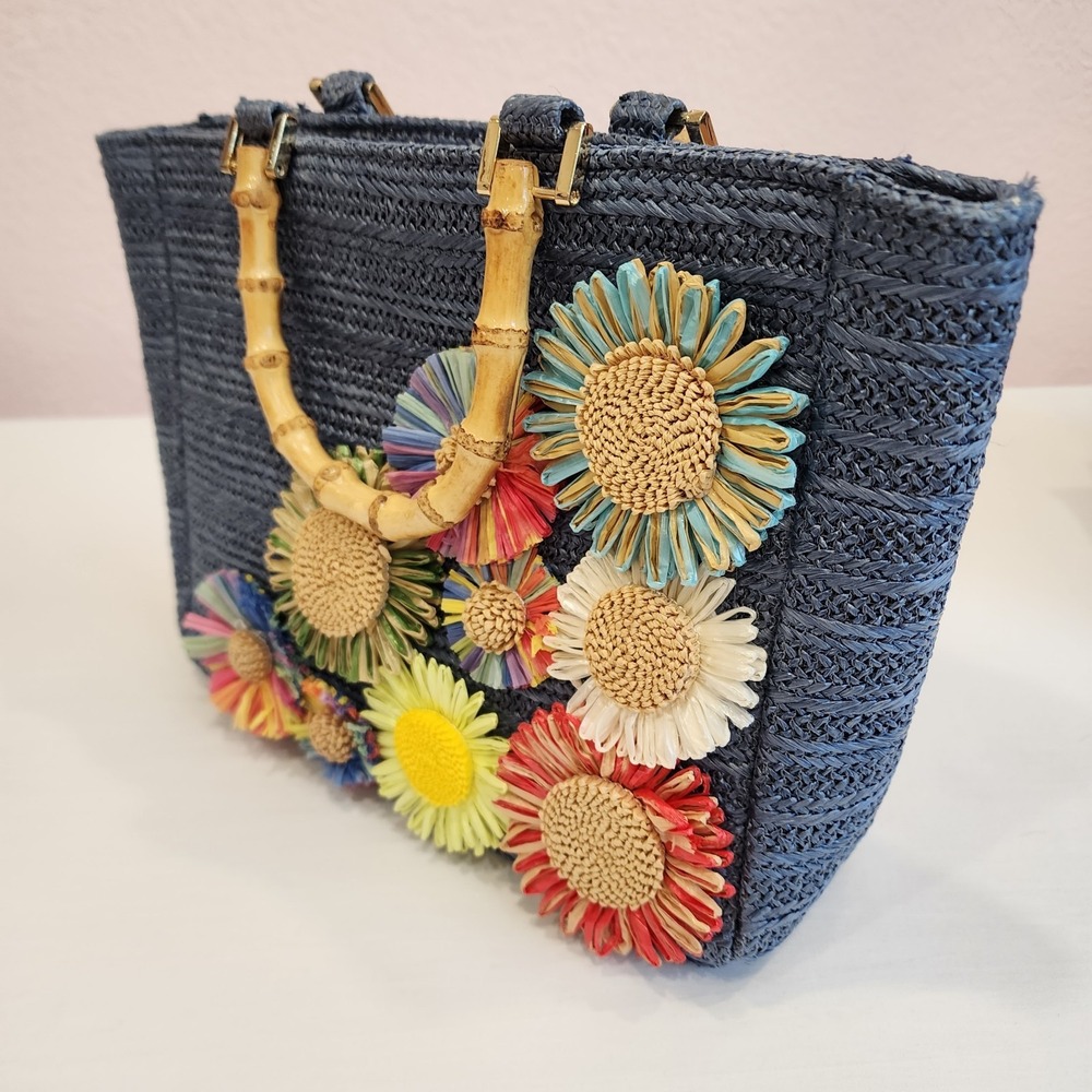 Haute Hippie Women's Straw Raffia Bag Purse With Gold Tone Chain Retro Ladylike - Picture 11 of 11